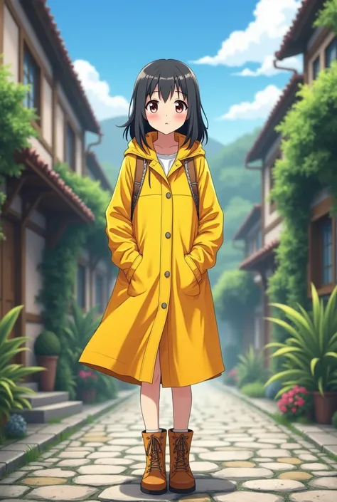 I want a teenage anime girl with a yellow raincoat the raincoat should be closed and boots on she should have a cool poes and the background should be of a village the raincoat should be near her kees
