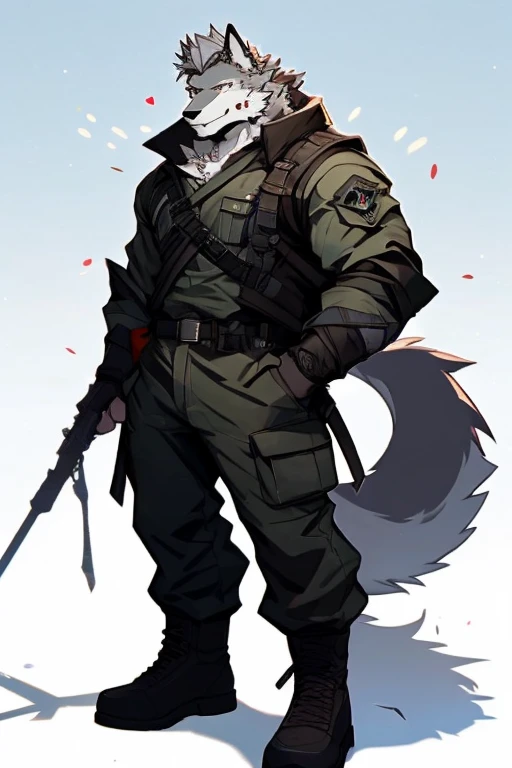 A Upper Body And Right Side Body Picture of A Very Muscular Furry style Gray Wolf. he is wearing Full long Dark Green Soldier Millitary Outfit. He is looking at the viewer. The background is just color white. His hair is spikey and messy. He have A gray ha...