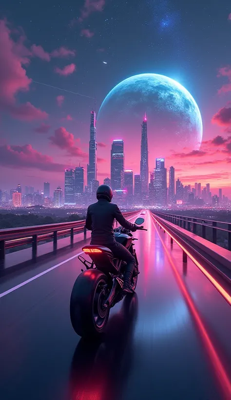 Synthwave type tall buildings, so many building, buildings view from far, on a highway, while driving a bike, stars visible clearly and milkyway galaxy, aurora in the sky, a big another planet in the sky, planet having large saturn moons rings and asteroid...