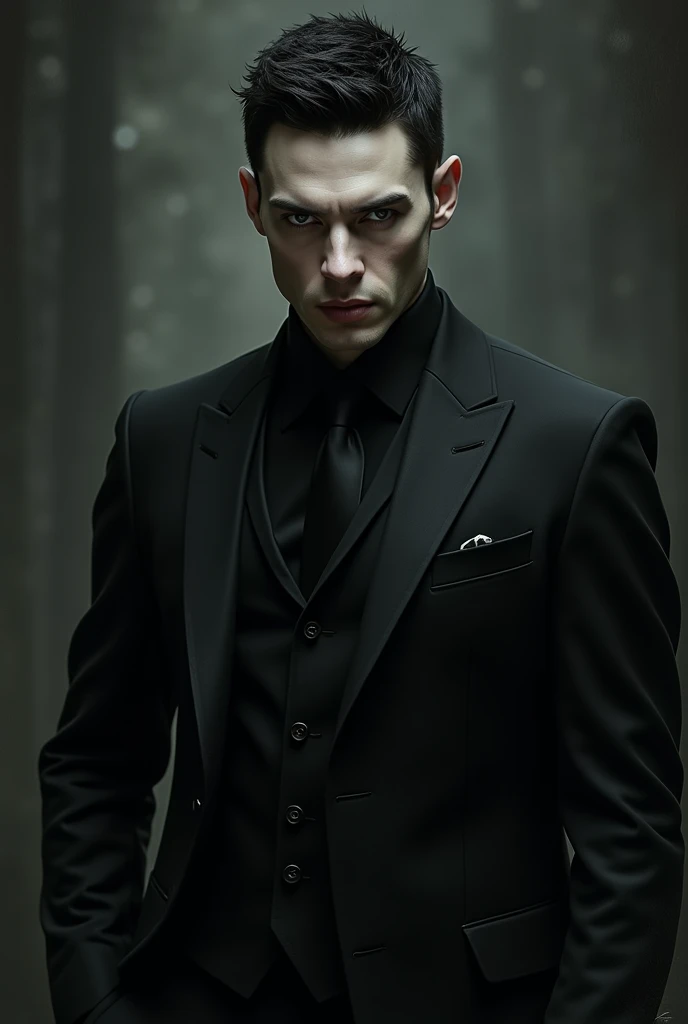 Handsome man, elegant,  Aesthetic and demonic. With short black hair and white skin, dressed in black, forndo 