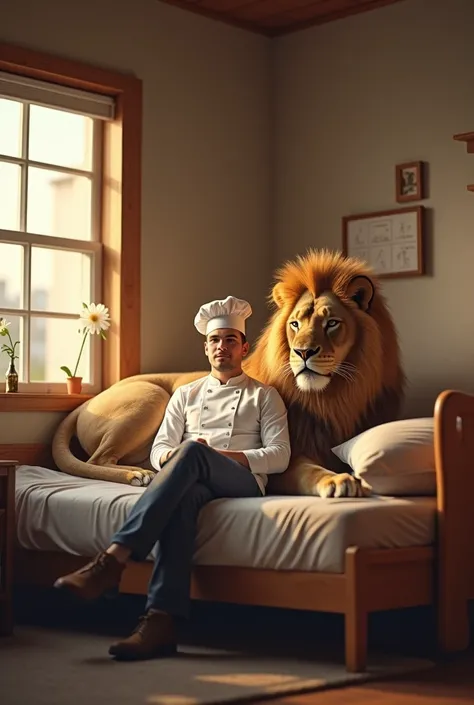  A chef sitting in hostel room 
with lion


