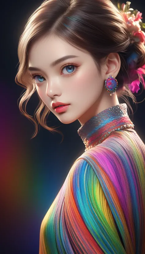 A photorealistic fashion model walking a catwalk, colorful gradient fashion, seamless blending, marbled and striped patterns, full spectrum multicolor, utilizing the full capabilities of Super Retina, dramatic 4D rendering to stimulate all the senses, beau...