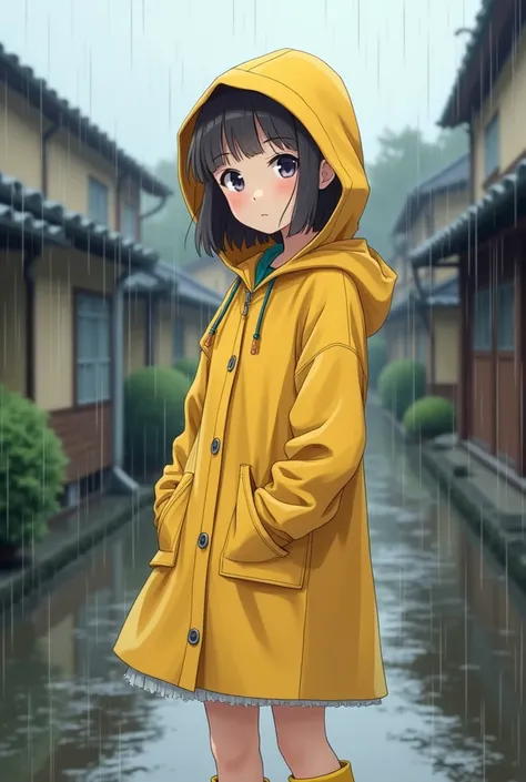 I want a teenage anime girl with a yellow raincoat the raincoat should be closed and boots on she should have a cool poes and the background should be of a village in rain the raincoat should be near her kees she should have her hod on
