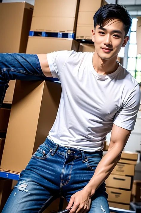 1 man, smile, (Wear a white round neck shirt., short sleeve shirt ยี่ห้อ under armor), (Jeans), (Korean guy) , korean men, (Lifelike lighting), chest muscles, Big arm muscles, blood vessel, big muscles, Broad shoulders, looking at the audience, Balancing t...