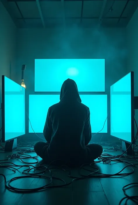 

"A lone figure sitting in a dark, minimalistic room, illuminated only by the cold blue glow of multiple screens (phone, computer, tablet) surrounding them. The figure’s face is blurred or slightly pixelated, symbolizing a loss of identity in the digital ...