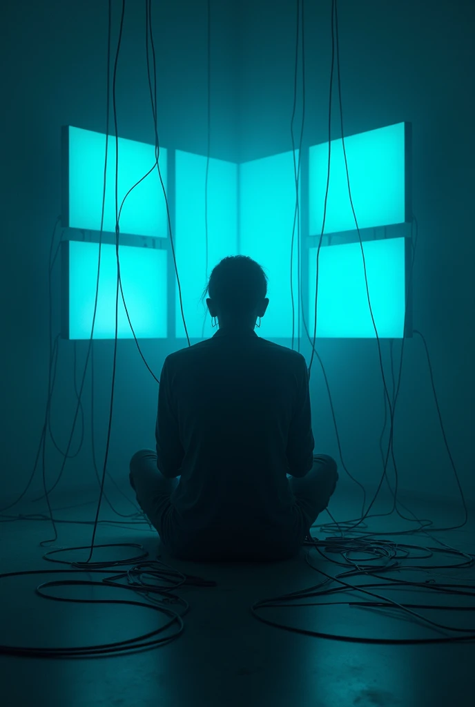 

"A lone figure sitting in a dark, minimalistic room, illuminated only by the cold blue glow of multiple screens (phone, computer, tablet) surrounding them. The figure’s face is blurred or slightly pixelated, symbolizing a loss of identity in the digital ...