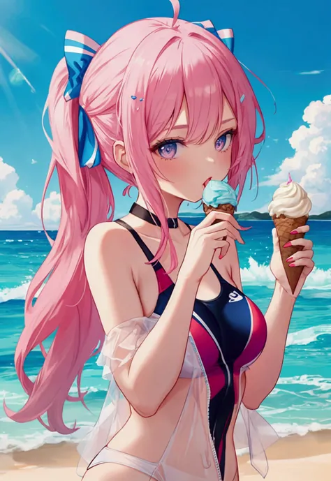 Please create an image of a woman in a swimsuit licking an ice cream