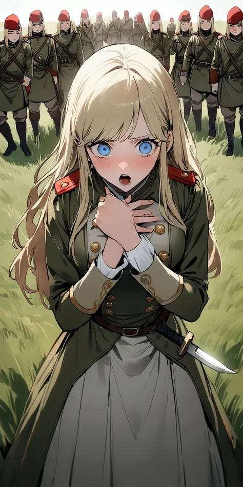 high resolution, Clear focus, Pixiv Masterpiece, ((Intricate details)), Very detailed, Denmark, 1 Girl, Blonde hair, (Fear, White long knife, Arms across chest,:1.1) Fear, Blue Eyes, Female Soldiers, Long hair, 18th century military uniform, 18th century m...