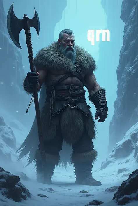 Northern warrior holding a viking axe Highlighted on the word QRTN in the frozen background