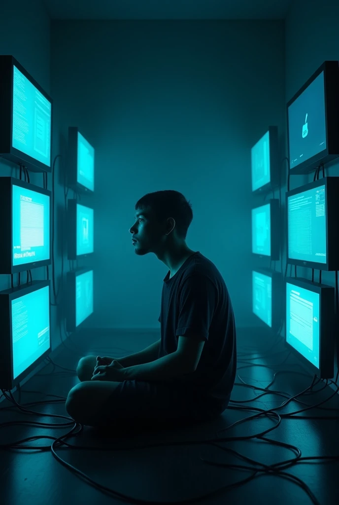 

"A lone figure sitting in a dark, minimalistic room, illuminated only by the cold blue glow of multiple screens (phone, computer, tablet) surrounding them. The figure’s face is blurred or slightly pixelated, symbolizing a loss of identity in the digital ...