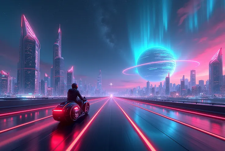 Synthwave type tall buildings, so many building, buildings view from far, on a highway, while driving a tron bike, stars visible clearly and milkyway galaxy, aurora in the sky, a big another planet in the sky, planet having large saturn moons rings and ast...