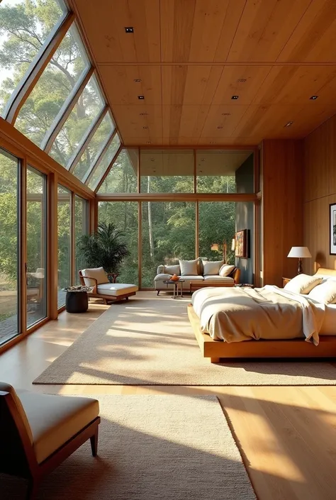 create a sunroom  with living space off a master bedroom. that i has angled glass cielings and walls. it should be mid century modern inside
