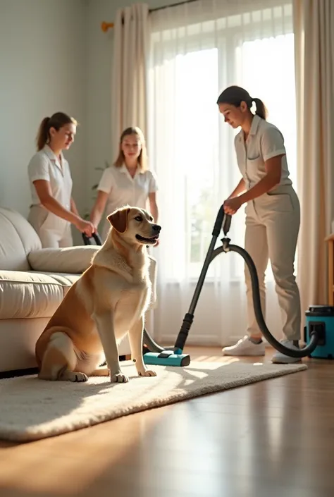 A professional, realistic, and bright image of women efficiently cleaning a home to remove pet hair. The scene shows several women in light-colored uniforms using specialized tools like lint rollers, vacuum cleaners with pet hair attachments, and microfibe...