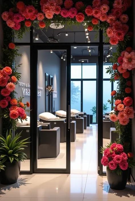 eyelash extension studio with large windows, glass door, and big flowers at the entrance, color style black white gray with 5 anatomical tables for clients and a large Veroni Lash inscription