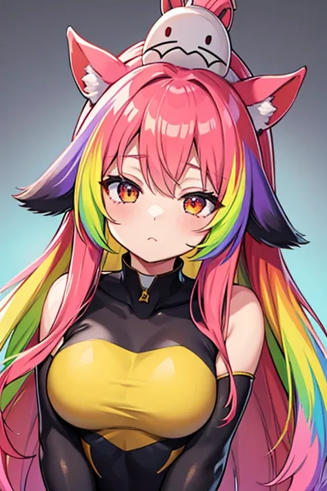 Horse Girl、Horse ears on head、Rainbow hair colour、Gradient hair color、Long Hair、Red right eye、Yellow left eye、whole body、Muscular、