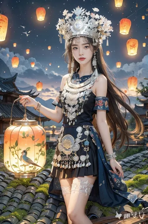 Best quality，Super Fine，masterpiece，illustration，1 girl，grace，Miao traditional clothing，sleeveless，stockings，Silver crown inlaid with jewels，Grace gesture on the roof，Shoulder-length hair，Delicate facial features，Gentle expression，Hand-held lantern with fl...