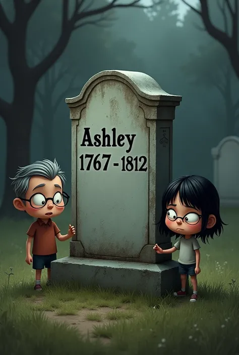 A tombstone in a cemetery. Let the tombstone say in Spanish Ashley 1767 - 1812. And around the tombstone are 3 people in cartoons 1 older man with glasses, 1 teenage boy with a mole on his left cheek, and 1 teenage girl with black hair, thin and with glass...