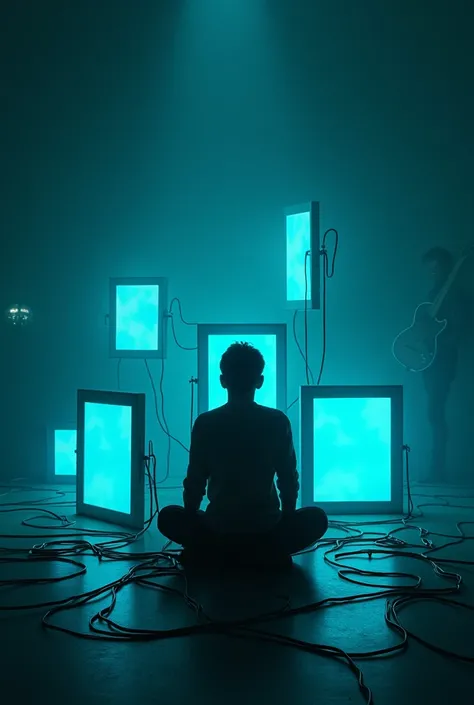 

"A lone figure sitting in a dark, minimalistic room, illuminated only by the cold blue glow of multiple screens (phone, computer, tablet) surrounding them. The figure’s face is blurred or slightly pixelated, symbolizing a loss of identity in the digital ...