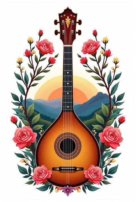 I want a design for embroidery with a tunantera theme , containing a charango , a little shot from Jauja and a little shot from Jauja , that the design contains roses , flowers and others with a white background and a little more vectorized