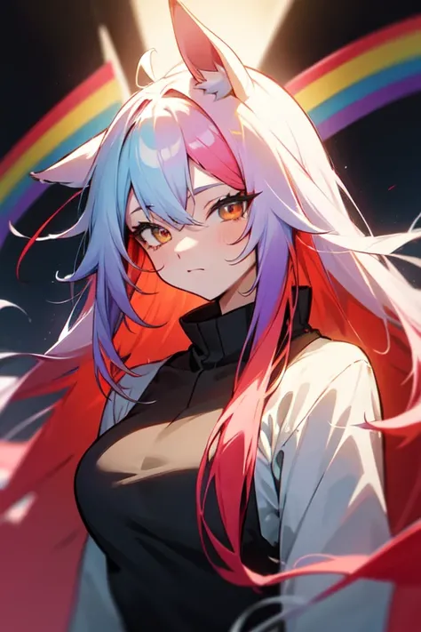 Horse Girl、Horse ears on head、Rainbow hair colour、Gradient hair color、Long Hair、Red right eye、Yellow left eye、whole body、Muscular、