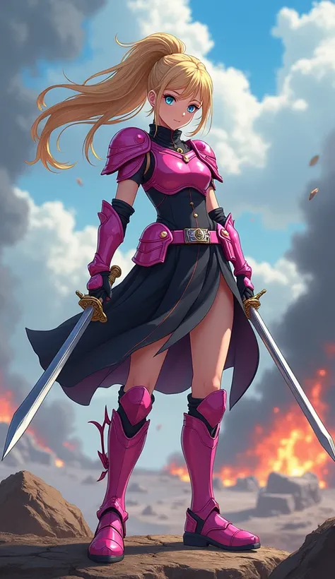 blonde_hair, ponytail, blue_eyes, 1girl, solo, bangs, pink_armor, black_dress, gloves, skirt, war_field, fighting, best_quality, highres, extremely_detailed, anime perfect detailed style, 8k, masterpiece, anime art style, anime coloring, two_swords