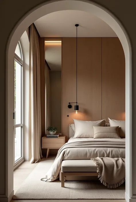 create a very luxuirous mid centry modern master bedroom. it should have arched doorways
