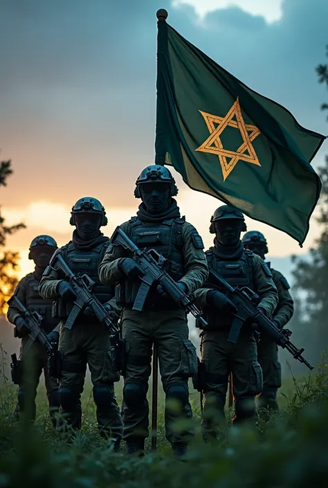 Many  more Muslim special forces modern uniform modern camouflage in for advance helmet holding Islamic flag  shada on the flag  it blue cloudy sunset in the jungle 