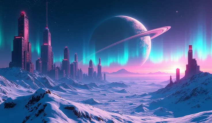 Synthwave type tall buildings, somany building, view from far, with full snow on ground and stars visible clearly and milkyway galaxy, aurora in the sky, a big another planet in the sky, planet having large saturn moons rings and asteroid belt orbiting ver...