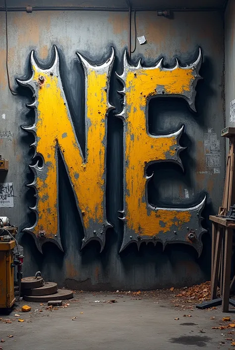 Generate a graffiti with the word "NE" with a car mechanic theme. I want the N form with a machine saw and the E is connected with The N like the body of the saw. Both with capital word. Please make it not to simple. I can take it. A machine saw with the b...