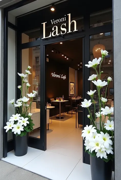 eyelash extension studio with large windows, glass door, and big white flowers at the entrance, color style black white gray with 5 anatomical tables for clients and a large Veroni Lash inscription
More flowers 