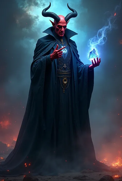 picture of devil doctor smoking and holding smoky blue crystal . Background galaxy 