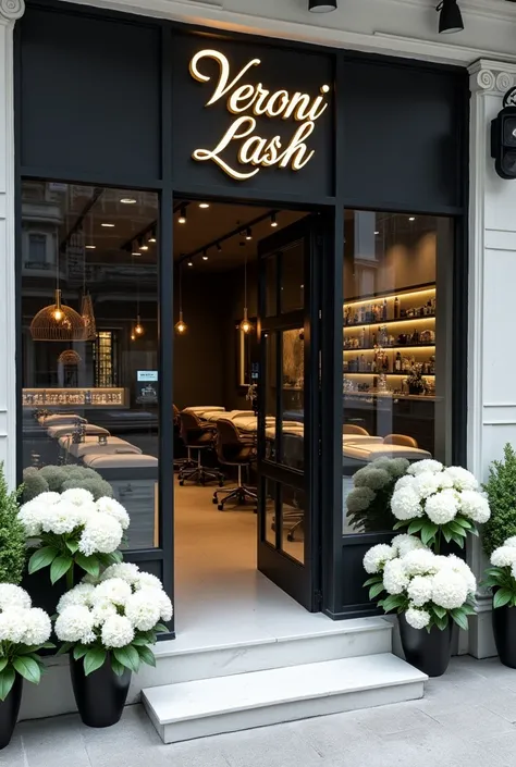 eyelash extension studio with large windows, glass door, and big white flowers at the entrance, color style black white gray with 5 anatomical tables for clients and a large Veroni Lash inscription
More flowers 