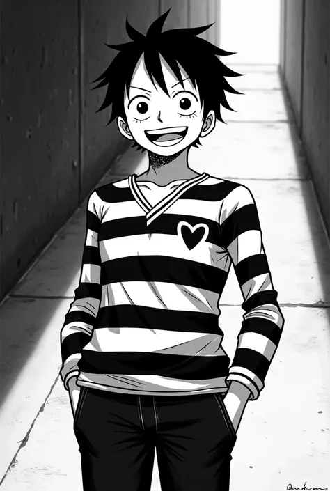 mono d. luffy, alone, smile, open mouth, short black hair, 1 child, black and white striped prisoner hat, black eyes, male approach, heart, Black and white striped long sleeve prison uniform, black and white striped long sleeve sweatshirt, mono d. luffy