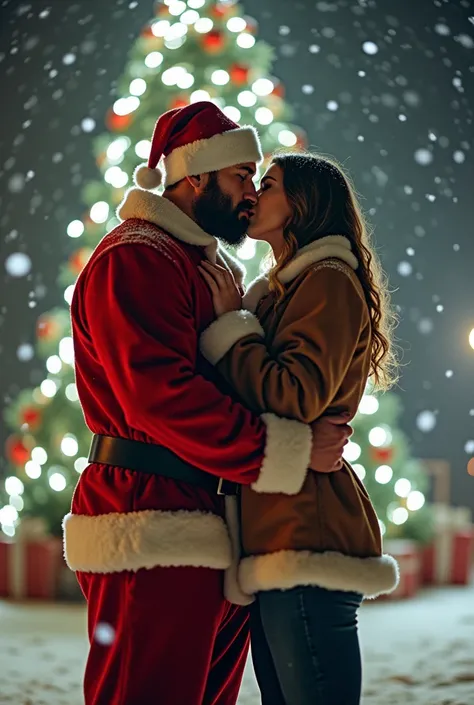 (realistic, photo-realistic:1.4), (best quality, masterpiece), high resolution, intricate details, extremely detailed, cinematic lighting, full body, solo, (a wrestler, Jimmy McDowell), Santa pants and jacket, kissing (a Hollywood actress, Natasha Henstrid...