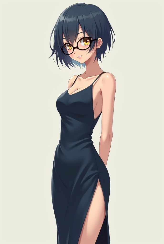 very young slim fit girl, full height, rounded face, (disheveled dark blue hair:1.5), (very short hair:1.4),(big yellow eyes:1.5), shy smile, perfect medium breast, look at you, (ahoge:1.4), (megane:1.3), elegant tight dress, very long dress with slit, tig...