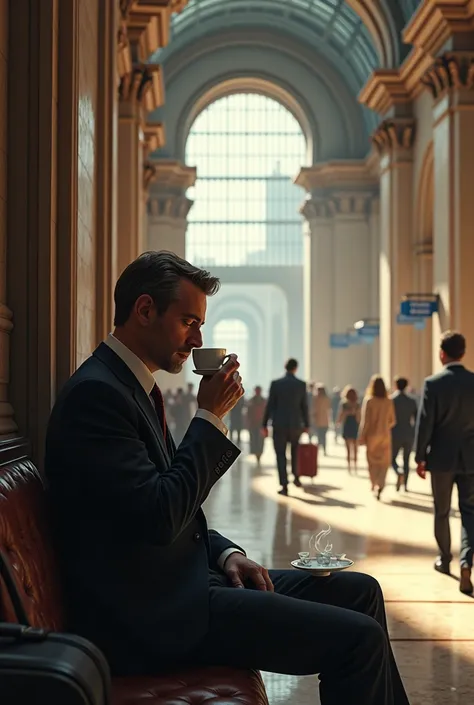 A man drinking tea at front of railway station