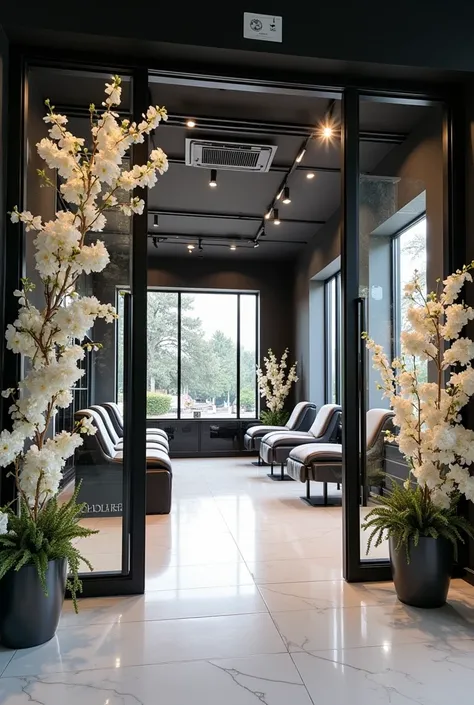 eyelash extension studio with large windows, glass door, and big white flowers at the entrance, color style black white gray with 5 anatomical beds for clients and a large Veroni Lash inscription
More flowers 