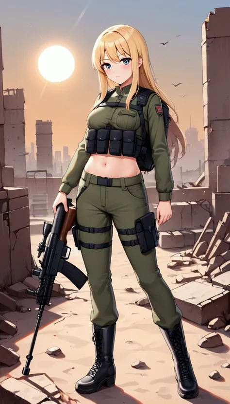 Military girl holding a rifle in her right arm and a backpack, 2 girl, long hair, blonde hair, holding a high-end rifle, her backpack, (high quality model), (anime style), female soldier, military clothing, (bulletproof clothing in front of her), (belly ex...