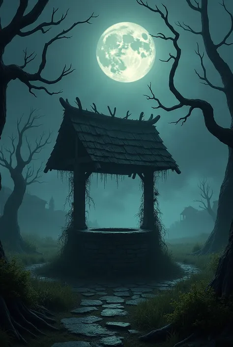 The Old Well in the Village**: An eerie, ancient well stands in the center of a small, desolate village. The well is surrounded by overgrown grass and twisted trees, with a full moon illuminating the night sky. Shadows dance around the well, hinting at a m...