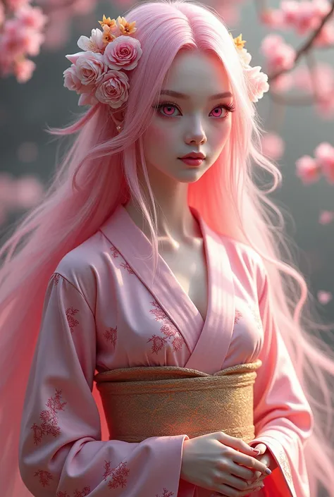 Appearance: She is a woman of transcendental beauty, with an aura that mixes fascination and mystery. Your pink hair is long and luxurious, falling in soft waves that delicately capture the light. The eyes are also pink, deep and mesmerizing, reflecting hi...