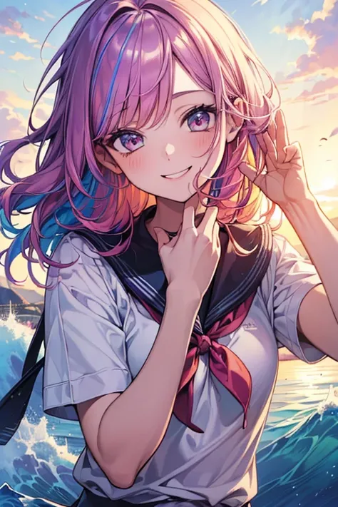 (Masterpiece, Top Quality, Best Quality, Official Art, Beautiful and Aesthetic: 1.2), (1 Girl: 1.3), school uniform,Morning, Good Morning, Smile, Sunny Day, Cheerful, Look Viewer, Pattern, Wave, (Iridescent Hair, Colorful Hair: 1.2),