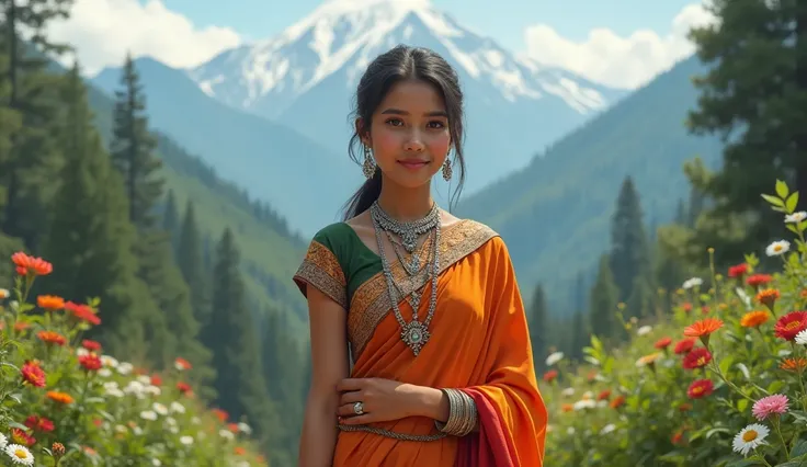 Nepali girl in wearing silver jwellery with saree from top to bottom
With garden mountain girl age 20