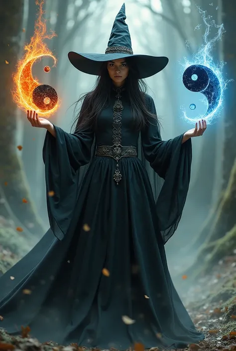 Bruja ropa negra con Water supendida en una mano y Fire suspendido en la otra mano formando el sombolo ying yan , with a witch hat, Water, Fire, air, land
