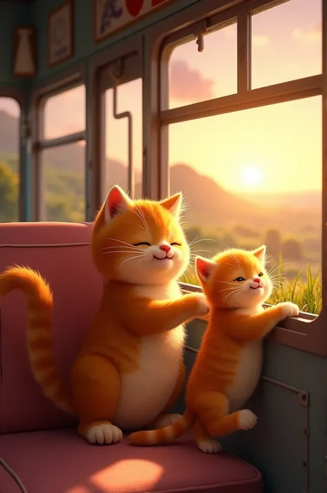 
Visual Prompt: The chubby orange cat and kitten are now smiling and playing, their tails swishing in excitement. The kitten is pawing at the window while the cat looks on lovingly. The interior of the bus is slightly old but cozy, with soft lighting, as t...