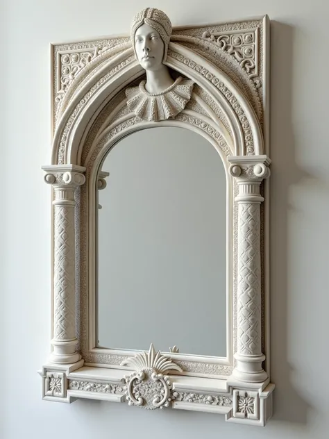 Minimalism, frame in the form of the city of Venice for a mirror, cameo, (medieval fashion lady), Venetian mosaic, channels gandolas gandoliers masquerade, mascaron, central frame, full body, like Stefan Hafner jewelry, white marble, bronze, realistic deta...