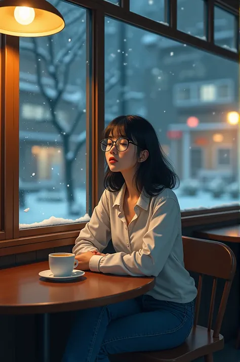 A retro-style café at night. Through the cafés windows, you can see light snow falling outside. Sitting in this café is a young and beautiful Japanese woman, dozing off while listening to music, tired from work. On the table, there’s a half-finished cup of...