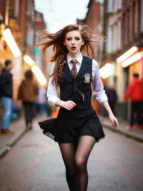 Prompt : girl, (medium bust), long legs, ,pale skin, tie, vest, tights, makeup, hairstyle Hairstyle with hairpins, brown hair color, pride, running, alley, blur, photo focus, depth of field, aperture, insanely detailed and intricate, character, hypermaxima...