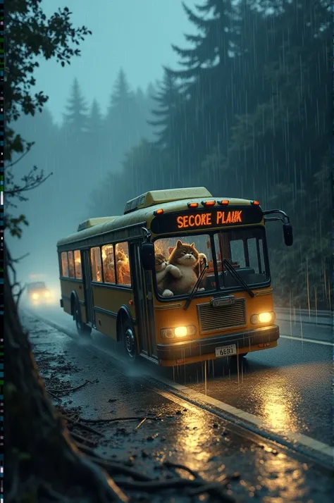 Visual Prompt: A dramatic scene showing the bus skidding off a wet road during a rainstorm. The bus tilts dangerously as it careens down a steep hill, with a dark forest in the background. The chubby cat and kitten cling to each other in fear inside the bu...