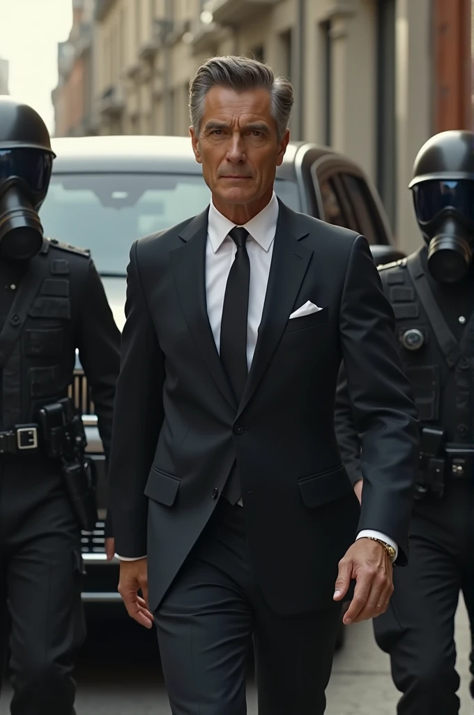 Young Alain Delon wearing a suit being escorted to his black luxury sedan by Helghast soldiers realistic image, 4k, colored Image.