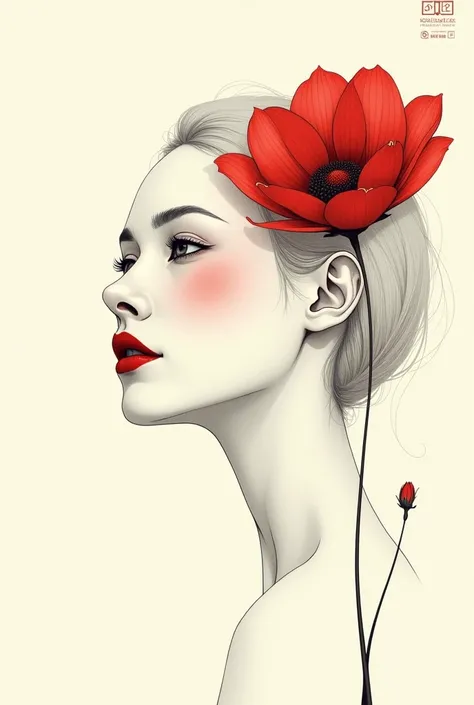 (masterpiece, Best quality:1.2), , Alone,Beautiful face，Red Minimalist Art Nouveau，Illustration style，White and red，flower